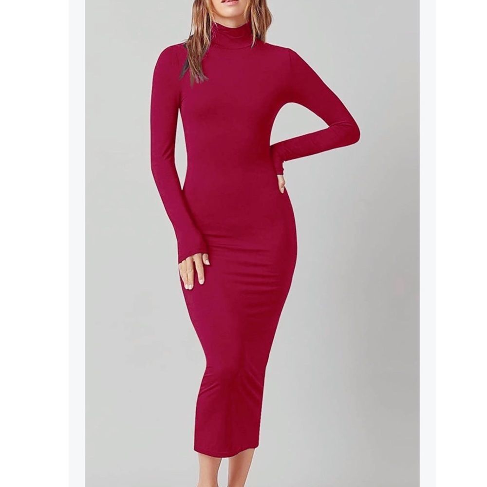 Women's Sexy Turtleneck Long Sleeve Elegant Bodycon Party Long Dress Small red